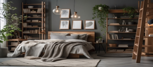 Pomysły na eklektyczną sypialnię z drewnianym regałem na wymiar